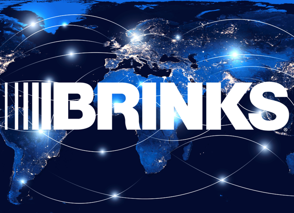 Brinks displayed over a graphic displaying an interconnected map of the world